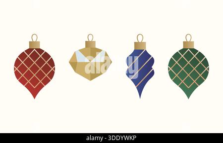 A collection of four stylish, modern Christmas tree ornaments featuring geometric and striped patterns in rich holiday colors: red, gold, blue, and gr Stock Vector