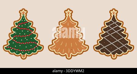 A festive vector illustration featuring three Christmas tree shaped gingerbread cookies, one decorated with green icing and red garland, one plain, an Stock Vector
