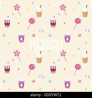 A delightful vector seamless pattern featuring scattered pastel-colored lollipops, coffee or shake cups with whipped cream, meringues, and confetti on Stock Vector