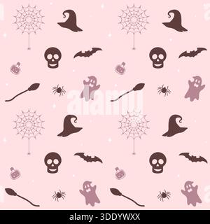 A charming vector pattern with cute, muted-tone Halloween silhouettes witch hats, ghosts, skulls, bats, spiders, potions, webs, and brooms, all on a d Stock Vector