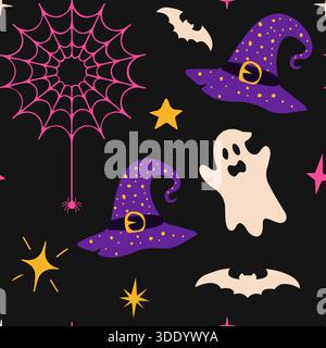 A fun, dark vector seamless pattern featuring repeating cute ghosts, purple witch hats, pink spiderwebs with spiders, and flying bats, illuminated by Stock Vector