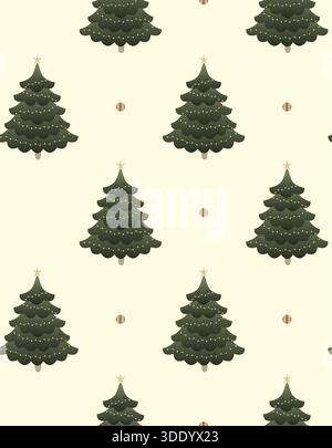 A charming and elegant seamless pattern featuring neatly spaced, decorated Christmas trees with lights and a star topper, separated by small golden do Stock Vector