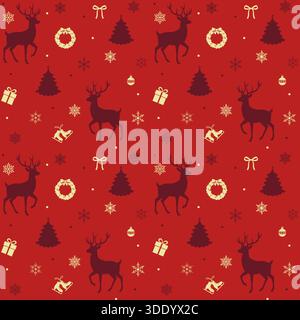 A classic Christmas seamless pattern featuring dark red reindeer silhouettes, holiday wreaths, gift boxes, pine trees, and snowflakes in a rich red an Stock Vector