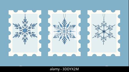 A winter-themed vector illustration featuring three unique blue snowflake designs displayed within the shape of decorative postage stamps, perfect for Stock Vector