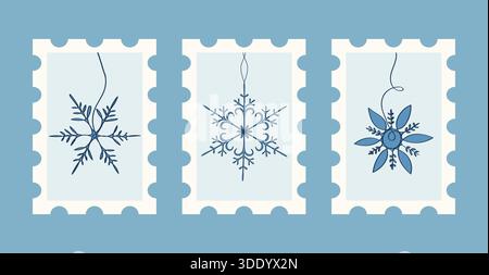 A winter-themed vector illustration featuring three unique blue snowflake designs displayed within the shape of decorative postage stamps, perfect for Stock Vector