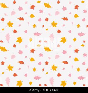 A seamless vector pattern featuring various autumn leaves maple, oak, and others in a delightful pastel color palette of pink, orange, and yellow. Per Stock Vector