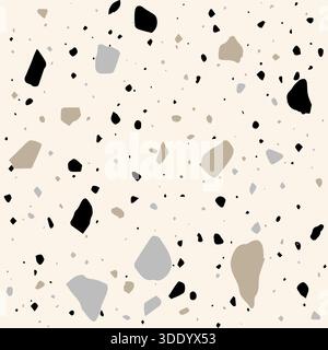 A detailed, seamless vector pattern of classic terrazzo with a high density of small chips in black, grey, and neutral beige tones on a cream backgrou Stock Vector