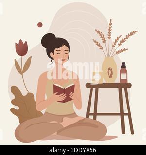 A flat vector illustration of a peaceful woman sitting in a lotus pose while reading a book. The scene features warm earthy tones, a cozy candle, and Stock Vector