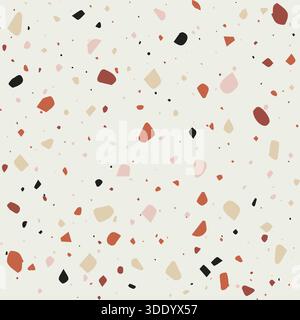 A vibrant, seamless abstract pattern featuring scattered speckles and chips in terracotta, blush pink, beige, and black on a light cream background. G Stock Vector