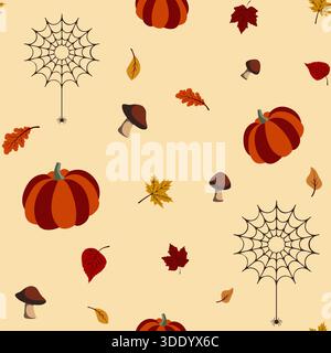 A delightful vector seamless pattern featuring repeat elements of pumpkins, colorful fall leaves, spiderwebs with small spiders, and mushrooms, set ag Stock Vector