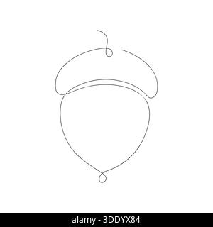 A clean and elegant vector illustration of an acorn, gracefully drawn with a single, continuous black line on a pure white background. This minimalist Stock Vector