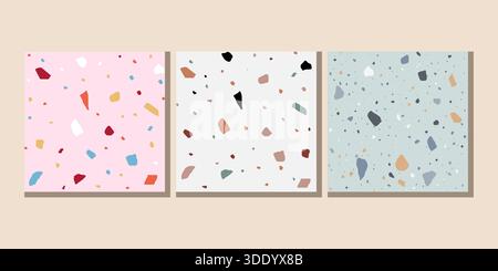 Set of three colorful terrazzo stone textures with abstract geometric shapes and marble fragments on pink white and blue backgrounds for modern interi Stock Vector