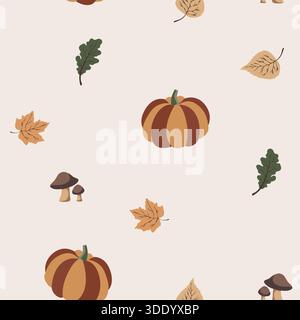 A chic, repeating vector pattern with bohemian fall and Halloween elements: pumpkins, bats, spiderwebs, mushrooms, and autumn leaves Stock Vector