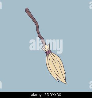 Cartoon style illustration of a rustic broomstick with a wooden handle and straw bristles tied together a classic witchs accessory isolated vector gra Stock Vector
