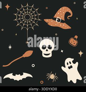 A stylish vector pattern featuring muted color silhouettes of witch hats, ghosts, pumpkins, bats, skulls, spiders on webs, and brooms, repeated across Stock Vector