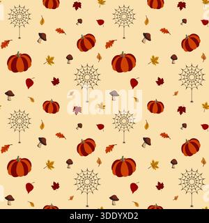 A delightful vector seamless pattern featuring repeat elements of pumpkins, colorful fall leaves, spiderwebs with small spiders, and mushrooms, set ag Stock Vector