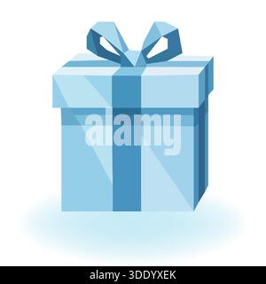 Blue low poly gift box with a geometric bow and ribbon rendered in a faceted style on a light blue glowing base Stock Vector