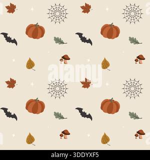 A chic, repeating vector pattern with bohemian fall and Halloween elements: pumpkins, bats, spiderwebs, mushrooms, and autumn leaves on a neutral back Stock Vector