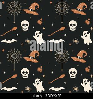 A stylish vector pattern featuring muted color silhouettes of witch hats, ghosts, pumpkins, bats, skulls, spiders on webs, and brooms, repeated across Stock Vector