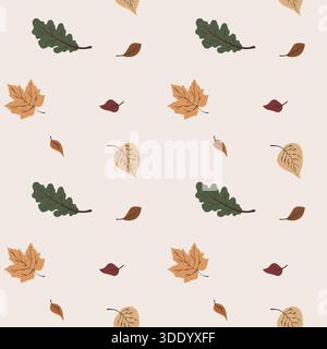 A simple, chic repeating vector pattern featuring oak, maple, and birch leaves in a muted, earthy color palette. Perfect for fall backgrounds, fabric, Stock Vector
