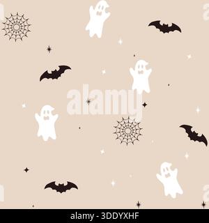 A whimsical and slightly spooky seamless vector pattern featuring cute ghosts, flying bats, intricate spiderwebs, and sparkling stars on a neutral bac Stock Vector