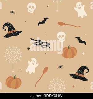 A stylish vector pattern featuring cute, neutral-toned Halloween elements: ghosts, skulls, pumpkins, witch hats, bats, brooms, snakes, and webs, scatt Stock Vector