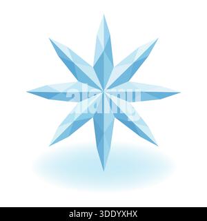 Blue low poly eight-pointed star icon with geometric faceted design on a light blue glow Stock Vector