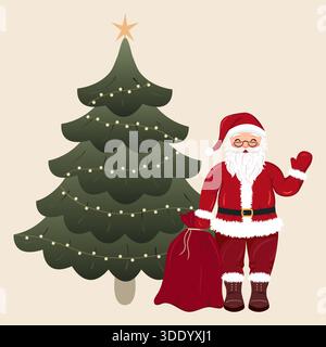 A charming vector illustration of a traditional Santa Claus holding his red gift sack and waving, standing next to a decorated Christmas tree with lig Stock Vector
