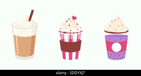 A set of three adorable illustrated beverages featuring a layered coffee drink and two festive cups with whipped cream sprinkles and a heart Ideal for Stock Vector