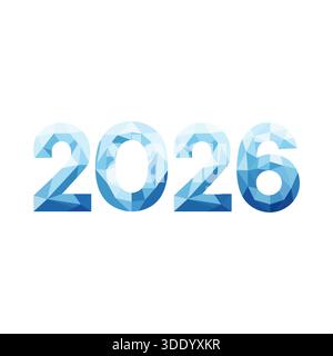 A geometric, low-poly design of the number 2026 in shades of blue and white, creating a crystal or ice-like effect Stock Vector