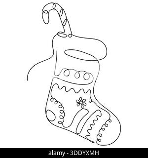 Minimalist one-line drawing of a holiday Christmas stocking filled with a candy cane and decorated with abstract floral and scroll patterns. Simple el Stock Vector