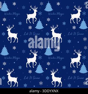 A cool-toned seamless winter pattern featuring white reindeer silhouettes, blue Christmas trees, various snowflakes, stars, and "Winter Magic" and "Le Stock Vector