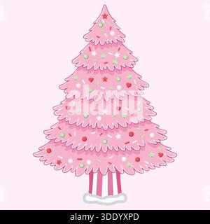 A charming cartoon illustration of a whimsical pink Christmas tree adorned with colorful sprinkles, stars, hearts, and candy cane stripes at its base. Stock Vector