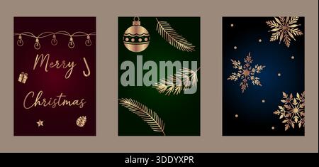 A luxurious set of three vertical holiday greeting cards featuring elegant gold illustrations against deep jewel-toned backgrounds: rich burgundy, eme Stock Vector