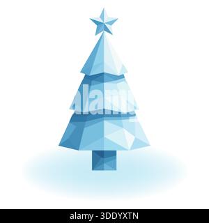 Low poly blue Christmas tree icon with star topper and geometric style on light blue base Stock Vector