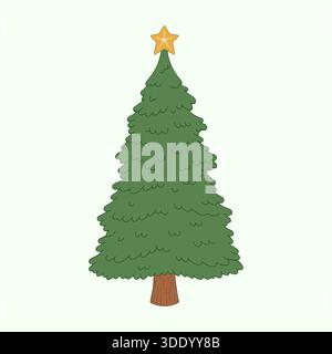 A simple, cute vector illustration of a green Christmas tree with a stylized, fluffy texture and a brown trunk, topped with a yellow star, isolated on Stock Vector