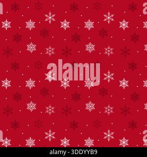 A seamless holiday pattern featuring detailed white and dark red snowflakes, interspersed with small white dots, set against a vibrant, festive deep r Stock Vector