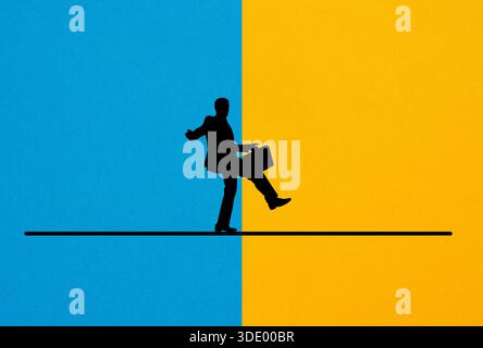 Transformation and change concept. Businessman silhouette carefully walking on a tightrope, symbolizing risk, balance, and decision making in a challe Stock Photo