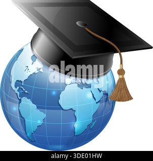 Online Education & E-Learning Concept with realistic 3D icons Earth and Mortarboard. Vector illustration isolated on white. Stock Vector