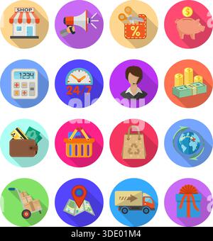 Internet Shopping, Delivery and Cargo Detailed Flat Icon Set for e-commerce with money, truck, gift symbols on colored circles with Long Shadows. Vect Stock Vector
