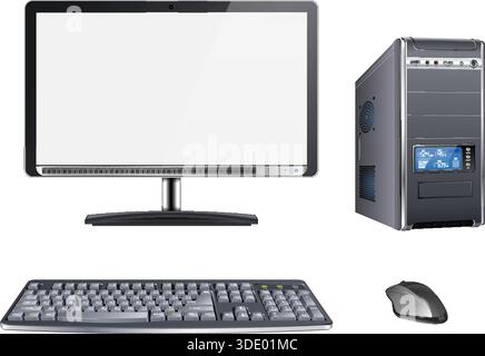 Realistic High Detailed 3D Computer Case with Monitor, Keyboard and Mouse, on transparent background, isolated vector illustration Stock Vector