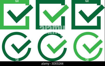 Green check mark icons showing approval, verification, and completed status Stock Vector