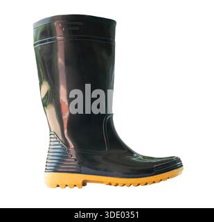 Side view of one side of black gumboot or black boot for working in garden is isolated on white background with clipping path. Stock Photo