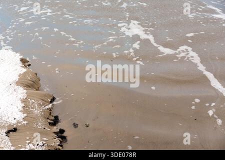 A detailed close-up of white sea foam and snow patterns on a wet sandy beach. Concept of coastal textures and cold weather nature. Stock Photo