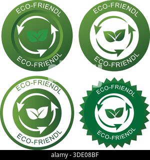 Eco-friendly badges with leaf symbol and circular recycling arrows Stock Vector