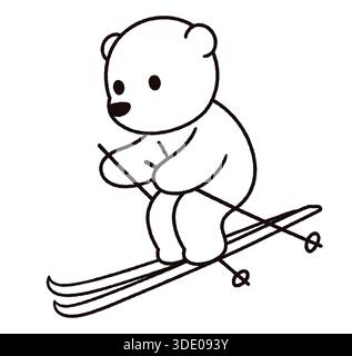 Cute cartoon skiing bear drawing. Hand drawn doodle style black and white line art. Funny winter sports character, simple vector illustration. Stock Vector