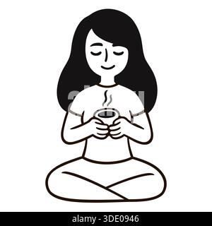 Simple doodle of cute girl sitting cross-legged and holding cup of hot tea or coffee. Black and white drawing, vector illustration. Stock Vector