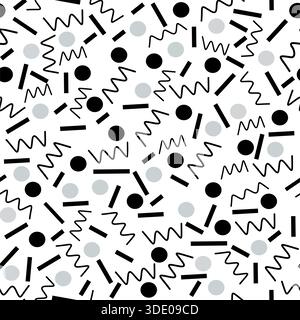 Black and white abstract seamless pattern with dots, lines, and squiggle shapes. Stock Photo