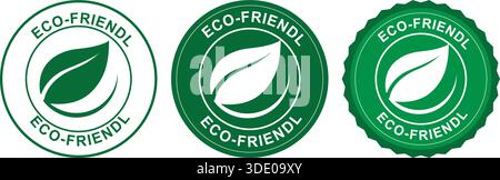 Eco-friendly certification labels and badges with green leaf symbol Stock Vector