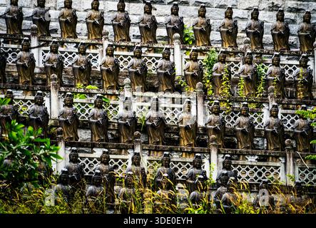 Rows of small Buddha statues on a stone wall with greenery. Stock Photo